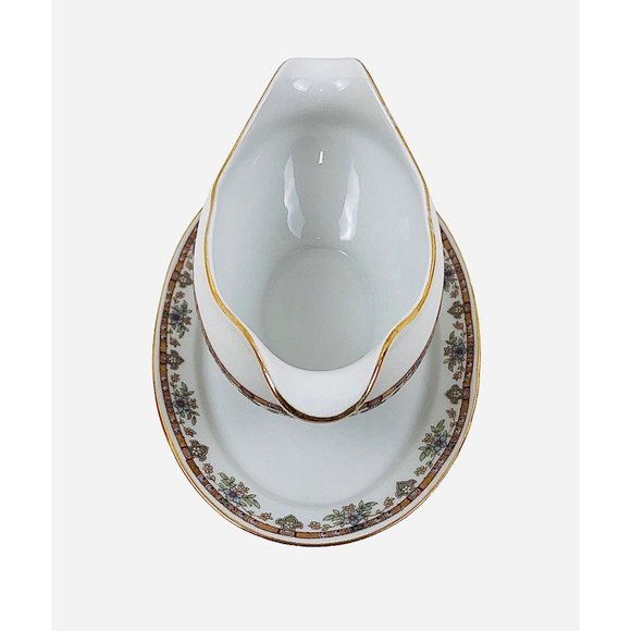 Royal Beyreuth Gravy Boat Bavaria Porcelain Gold Trim Floral Attached Underplate - Picture 8 of 9